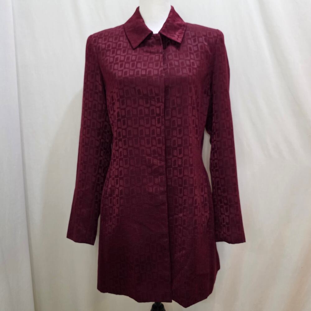 Newport News Vintage 90s Y2K Jacquard Long Button Down Jacket, Burgundy, 8